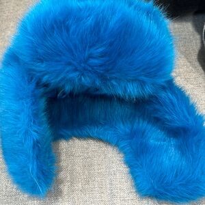Faux fur blue winter hat with ear flaps new trapper style